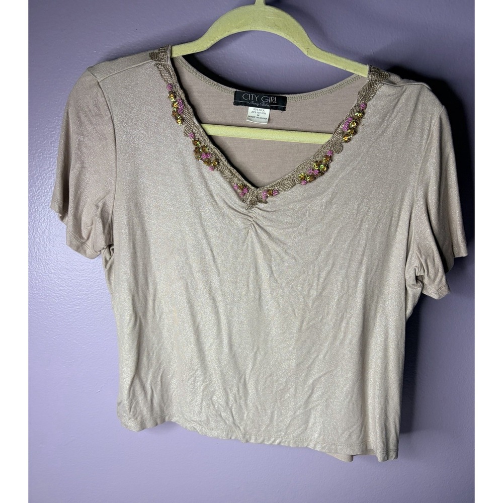 City Girl Y2K Fairy Babydoll Top‎ Beaded Silk Blend Womens Medium Shimmer Tee